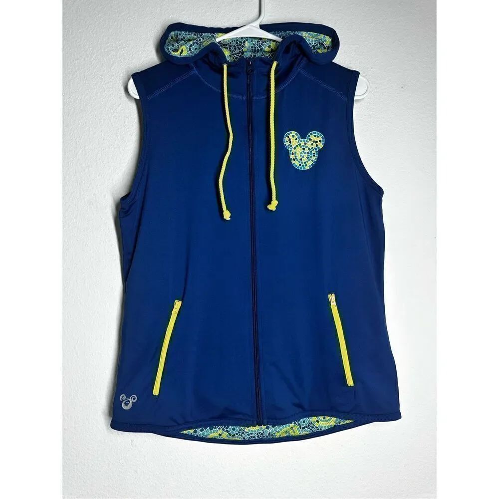 Disney Parks Mickey Mouse Vest Womens Medium Blue Hooded Zip Up Mosaic Size M